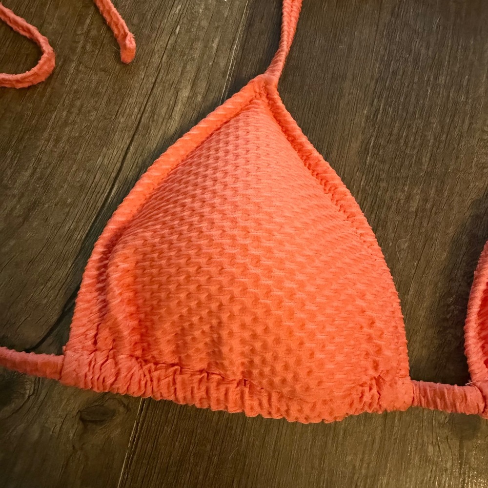 Aerie Triangle Bikini Top Womens Medium Coral Orange Textured Waffle Halter Swim - Picture 4 of 10